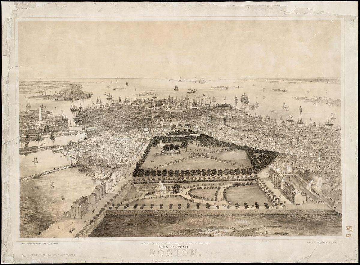 John Bachmann, Bird’s Eye View of Boston, lithograph, 1850. Public domain.