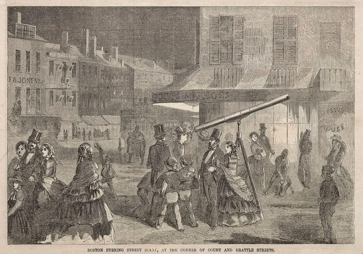 Winslow Homer, Boston Evening Street Scene at the Corner of Court and Brattle Streets, wood engraving, 1857. Cleveland Museum of Art, public domain.